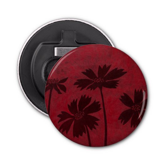 Flowerhead Silhouettes op Crimson Background Button Flesopener (Voorkant)