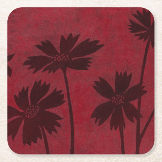 Flowerhead Silhouettes op Crimson Background Kartonnen Onderzetters (Voorkant)