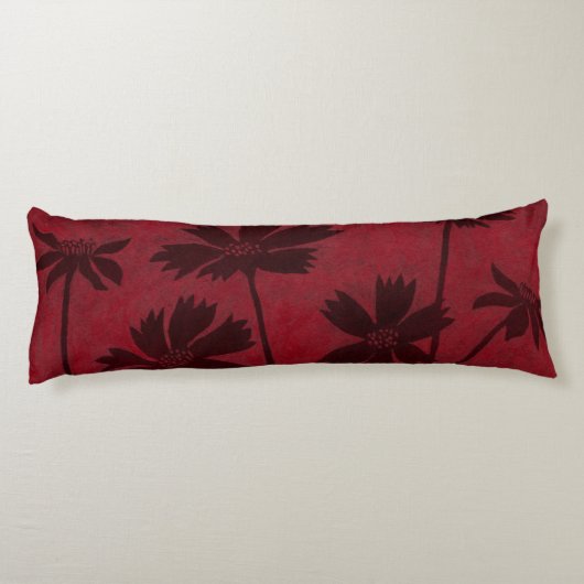 Flowerhead Silhouettes op Crimson Background Lichaamskussen (Achterkant)