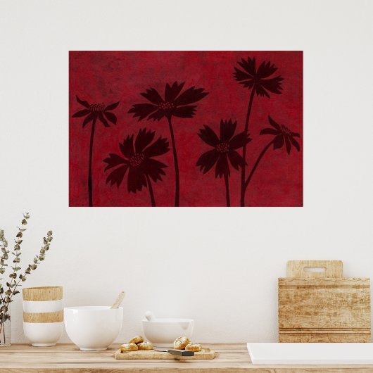 Flowerhead Silhouettes op Crimson Background Poster (Keuken)