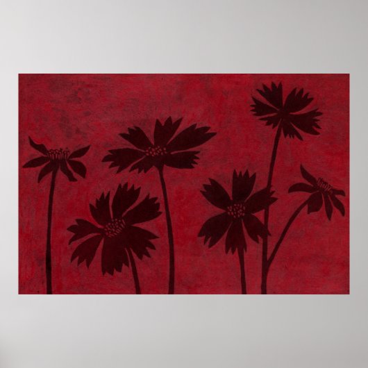 Flowerhead Silhouettes op Crimson Background Poster (Voorkant)