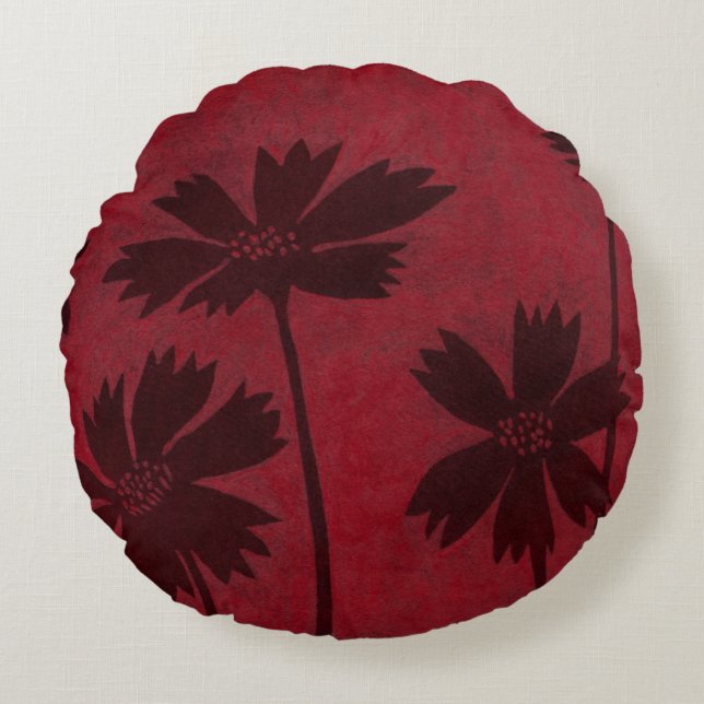 Flowerhead Silhouettes op Crimson Background Rond Kussen (Voorkant)