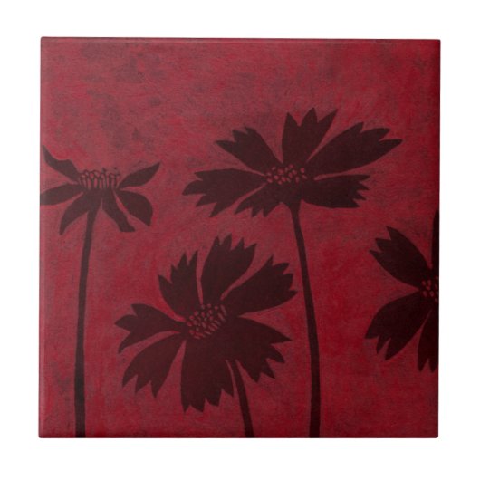 Flowerhead Silhouettes op Crimson Background Tegeltje (Voorkant)