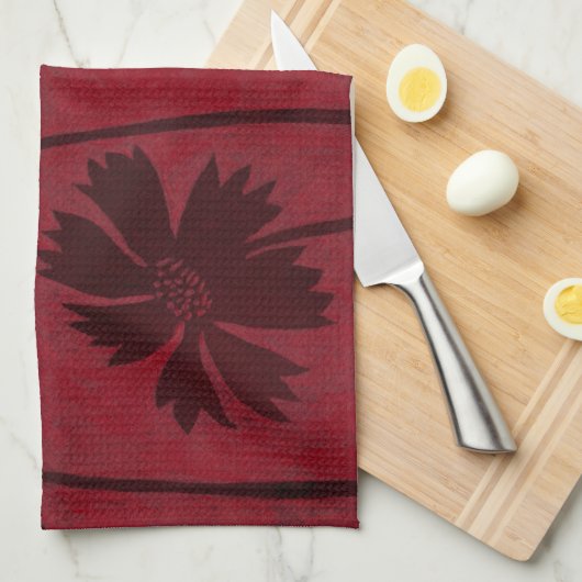 Flowerhead Silhouettes op Crimson Background Theedoek (Quarter Fold)