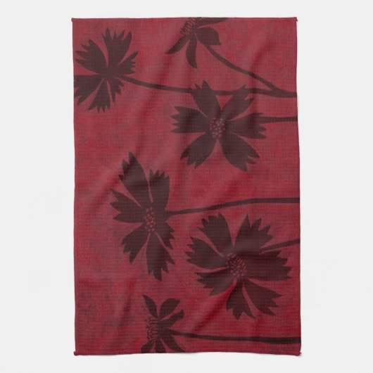 Flowerhead Silhouettes op Crimson Background Theedoek (Verticaal)