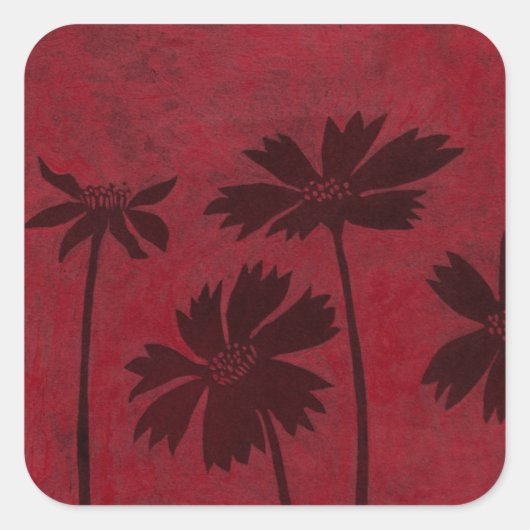 Flowerhead Silhouettes op Crimson Background Vierkante Sticker (Voorkant)