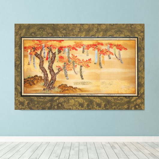 Flowering Cherry and Autumn Maples with Poem Slips Canvas Afdruk (Insitu (Houten vloer))