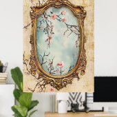 flowering Japanese peach branches and antique text Poster (Thuiskantoor)