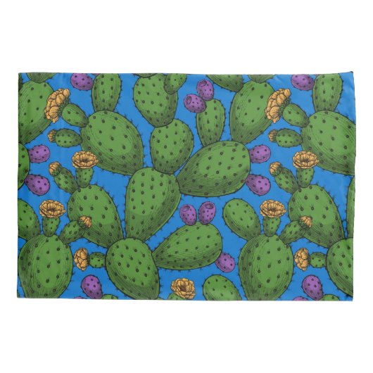 Flowering opuntia on blue kussensloop (Achterkant-Links)