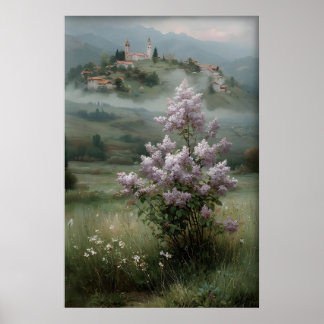 Flowering Tree Lilac Print, Antique Spring Field Poster