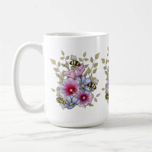 Flowers and Bees, Freehand Botanical Art Koffiemok (Links)