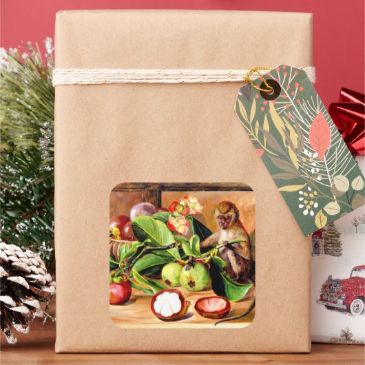 Flowers and fruit of Mangosteen; Singapore Monkey Vierkante Sticker (Feestdagen)