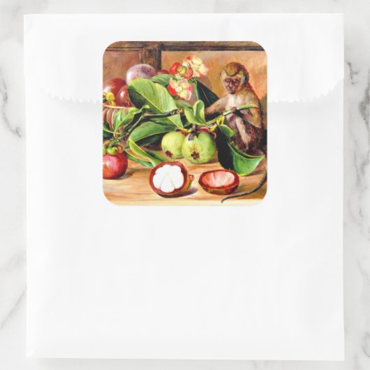 Flowers and fruit of Mangosteen; Singapore Monkey Vierkante Sticker (Tas)