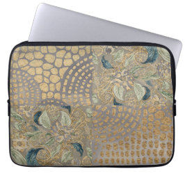 Flowers and Golden Giraffe Skin, Grey Background Laptop Sleeve