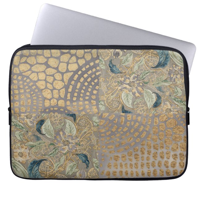 Flowers and Golden Giraffe Skin, Grey Background Laptop Sleeve (Voorkant)