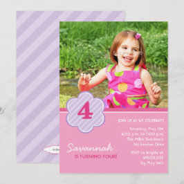 Flowers and Stripes Girls Photo Birthday Invite Kaart