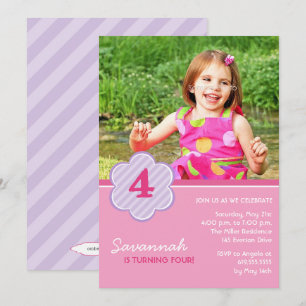 Flowers and Stripes Girls Photo Birthday Invite Kaart