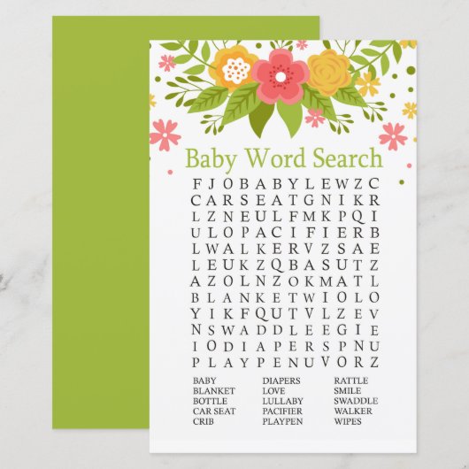Flowers Baby shower Word Search Game (Voorkant / Achterkant)
