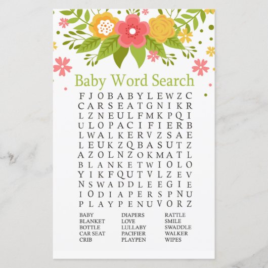 Flowers Baby shower Word Search Game (Voorkant)