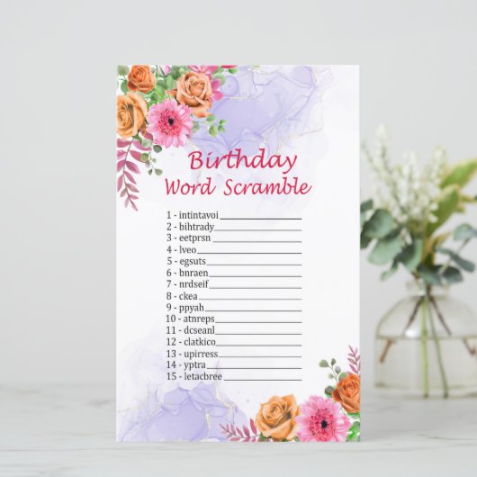 Flowers Birthday Word Scramble Game (Staand voorkant)