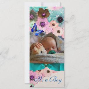 FLOWERS, BLAUWE BUTTERFLES BABY SHOWER FOTO-TEMPLA KAART