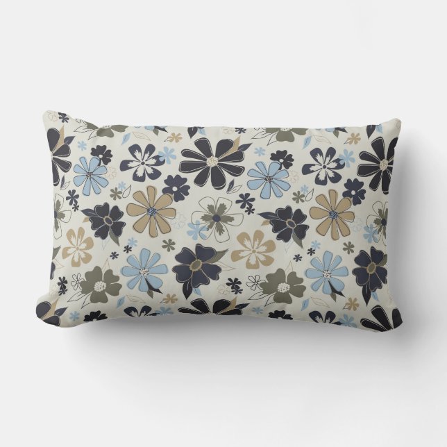 Flowers Blue Tan Outline Floral Pattern Kussen (Voorkant)