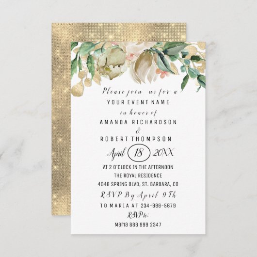 Flowers Brunch Mint Green Gold Waterverf White Kaart (Voorkant / Achterkant)