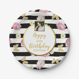 Flowers Butterflies, Birthday, Custom Photo Text Papieren Bordje