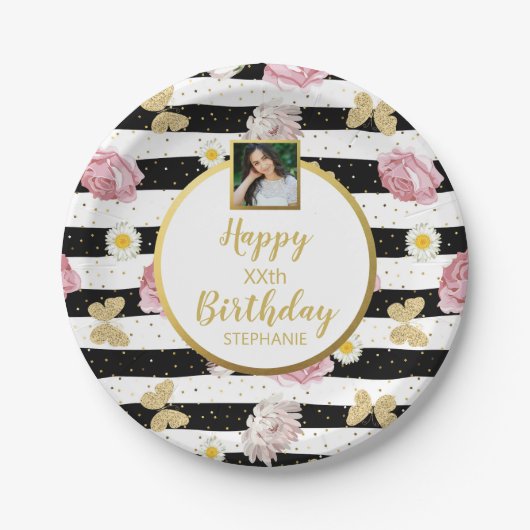 Flowers Butterflies, Birthday, Custom Photo Text Papieren Bordje (Voorkant)