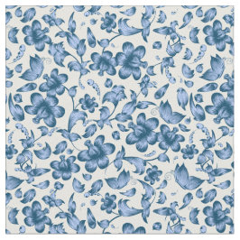 Flowers Butterflies Spring Floral Blue op White Stof