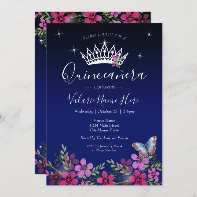 Flowers Butterfly Quinceanera Budget Invitation (Voorkant / Achterkant)