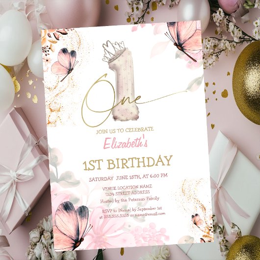  Flowers Butterfly Striped Chic 1s Birthday Kaart