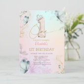  Flowers Butterfly Striped Colorful 1s Birthday Kaart (Staand voorkant)