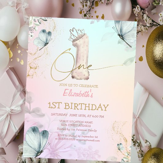  Flowers Butterfly Striped Colorful 1s Birthday Kaart