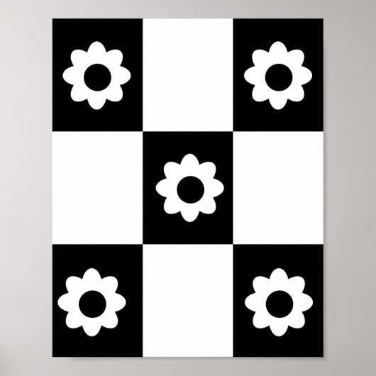 Flowers Checker Pattern Black White Mod Squares Poster (Voorkant)
