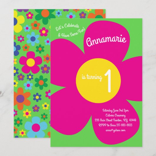 Flowers Colorful 1st Birthday Cute Invitations Kaart (Voorkant / Achterkant)