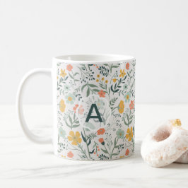 Flowers Coral Mustard Monogram Vivid Koffiemok