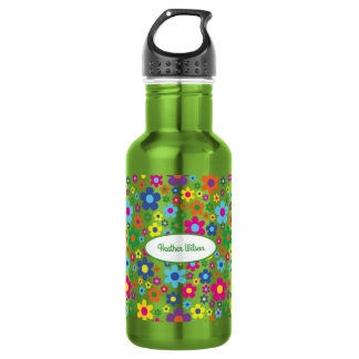 Flowers Cute Kinder Water Bottle met Name Green Waterfles