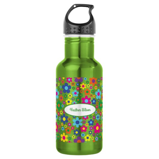 Flowers Cute Kinder Water Bottle met Name Green Waterfles (Voorkant)