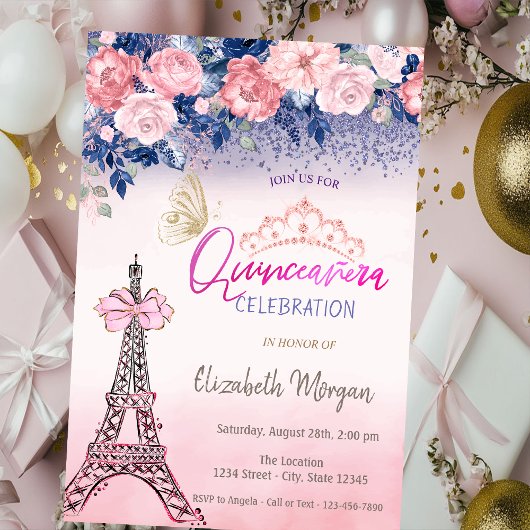 Flowers,Eiffel Tower Bow Butterfly Quinceanera Kaart