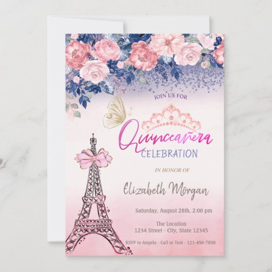 Flowers,Eiffel Tower Bow Butterfly Quinceanera Kaart (Voorkant)