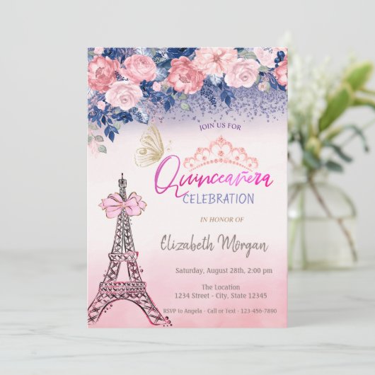 Flowers,Eiffel Tower Bow Butterfly Quinceanera Kaart (Staand voorkant)