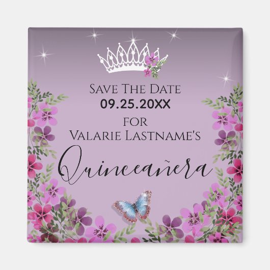 Flowers en Butterfly Quinceanera Save the Date Ma Magneet (Voorkant)