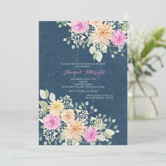 Flowers en Denim Invitation Kaart (Staand voorkant)
