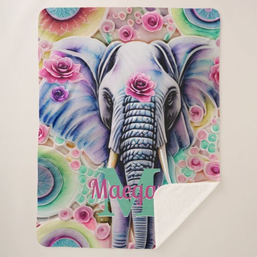 Flowers en Elephant Personalized Name Waterverf Sherpa Deken (Voorkant)