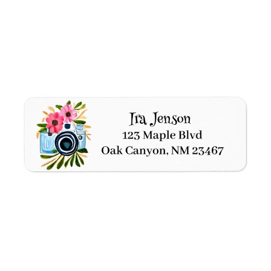  Flowers en Retro Blue Camera gepersonaliseerd Etiket (Voorkant)