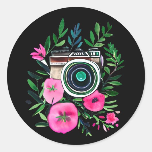 Flowers en Retro Camera Gepersonaliseerd Ronde Sticker (Voorkant)