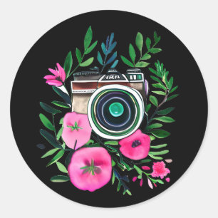  Flowers en Retro Camera Gepersonaliseerd Ronde Sticker