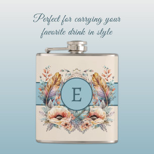 Flowers feathers toevoegen initiaal blauw heupfles