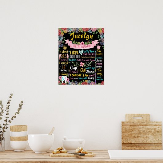 Flowers First Birthday Party Chalkboard-bord Poster (Keuken)